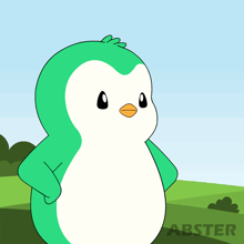 a green and white penguin with an orange beak is standing in a field with the word abster on the bottom right