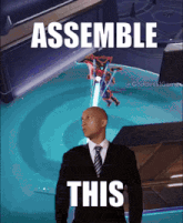 a man in a suit and tie is standing in front of a video game screen that says assemble this