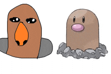 a drawing of a bird with an orange beak next to a drawing of a mole with a pink nose .