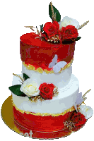 a red and white cake with red and white roses and butterflies