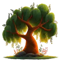 a cartoon drawing of a tree with a twisted trunk and green leaves