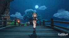 a genshin impact character stands on a bridge