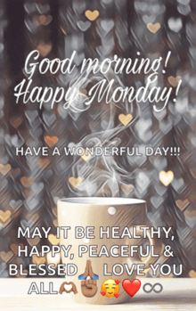 a good morning happy monday message with a cup of coffee in the foreground