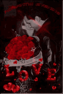 a picture of a man giving a woman a bouquet of red roses and the words romantic evening