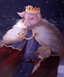 a drawing of a pig wearing a crown standing next to a boy with a cape and a blanket