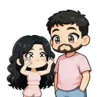 a man and a girl are standing next to each other and the girl has x 's on her eyes