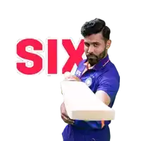 a man in a blue shirt is holding a bat and the word six is behind him