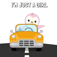 a cartoon penguin is driving a car with the words " i 'm just a girl " below it