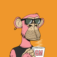 a monkey wearing sunglasses is holding a cup with the letter gm on it