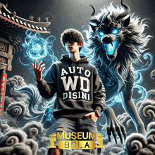 a man wearing a hoodie that says auto wd disini stands in front of a dragon