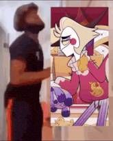 a man is standing next to a cartoon character
