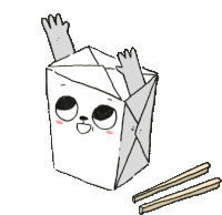 a cartoon drawing of a box of noodles with a hand sticking out of it