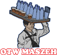 a drawing of a man carrying a tray of bottles on his head with the words otw maszeh below him