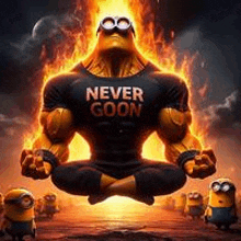 a man in a t-shirt that says `` never goon '' is sitting in a lotus position in front of minions .