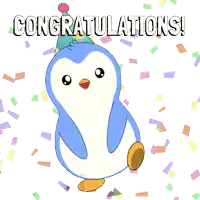 a blue penguin wearing a party hat is surrounded by confetti and the words congratulations