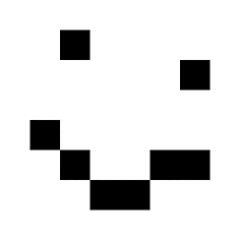 it looks like a smiley face made out of black squares on a white background .