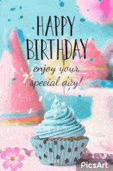 a happy birthday greeting card with a cupcake and balloons .