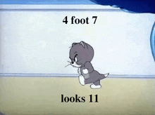 a cartoon of a cat with the words 4 foot 7 looks 11