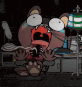 a cartoon bear is sitting in a hospital bed with an iv in its mouth .