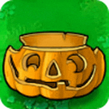 a cartoon drawing of a pumpkin with a face carved into it on a green background .