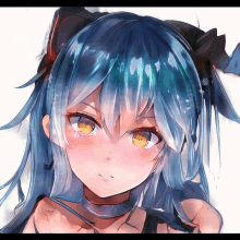 a blue haired anime girl with yellow eyes