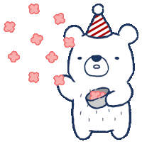 a white bear wearing a party hat is holding a bowl of food