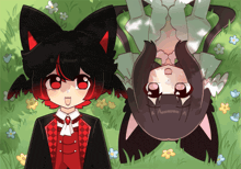 a couple of anime characters laying in the grass with flowers