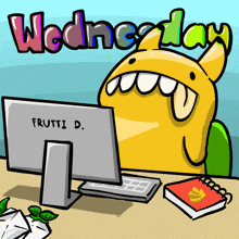 a cartoon of a monster sitting in front of a computer that says " frutti d. " on it