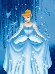 cinderella from disney 's cinderella is wearing a blue dress and gloves and surrounded by butterflies .