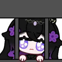 a cartoon of a girl behind bars with purple hair
