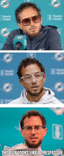 three pictures of a man with a beard and glasses with the caption " this guy looks like a trespasser " at the bottom