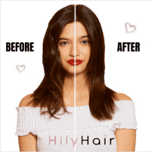 a woman 's hair is shown before and after being treated by hily hair