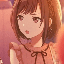 a close up of a brown haired anime girl wearing a pink dress with ruffles .