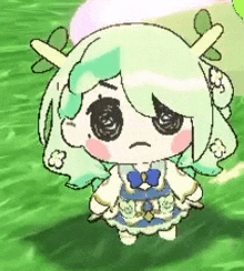 a little girl with green hair and antlers is standing on a grassy field .