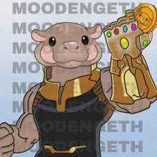 a cartoon character holding a glove with the word moodengeth on the bottom