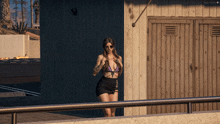 a woman in a bikini is standing in front of a wooden building that says ' portland ' on the bottom