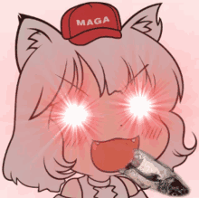 a cartoon girl wearing a maga hat eating a fish