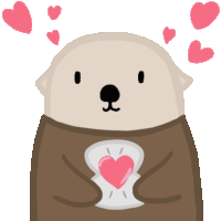 a cartoon otter is holding a pink heart in its chest