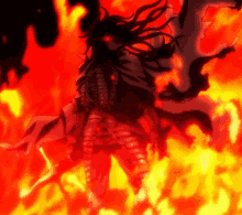 a drawing of a person standing in a fire with red eyes