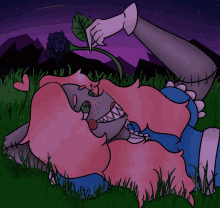 a drawing of a cartoon character laying in the grass with a rose