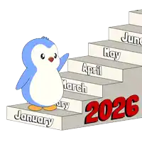 a penguin standing on a set of stairs with the year 2026 on the bottom