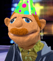 a puppet wearing a party hat and earrings with a cross