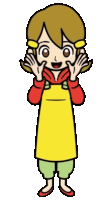 a cartoon girl wearing a yellow apron and a red sweater