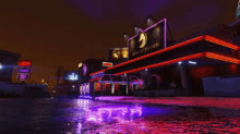 a video game scene of a night club with purple lights and a pool .