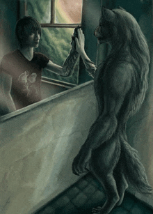 a painting of a werewolf giving a high five to a young man