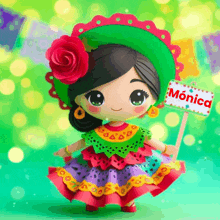 a doll holding a sign with the name monica on it