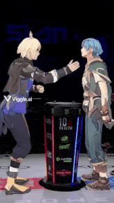 two anime characters shaking hands in front of a 10x health beast advertisement