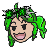 a cartoon drawing of a girl with green hair and goggles on