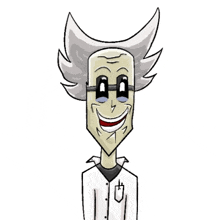 a cartoon drawing of a man wearing glasses and a lab coat is smiling .