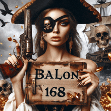 a woman in a pirate outfit holds a wooden sign that says balon 168